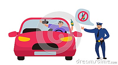 A policeman stopped drunk driver in car with bottle of alcohol Vector Illustration