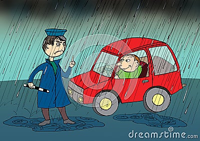 Policeman stopping car in the rain, cartoon Stock Photo
