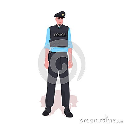 Policeman in tactical gear riot police officer standing pose protesters and demonstration control concept Vector Illustration