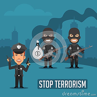 Policeman and Terrorists in City Vector Illustration