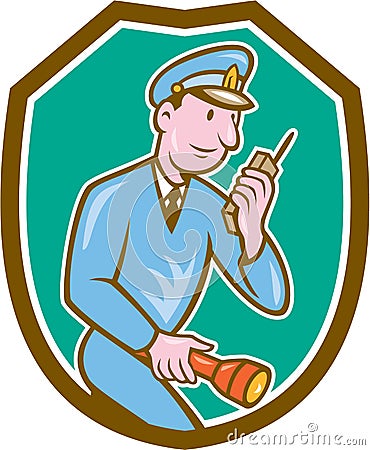 Policeman Torch Radio Shield Cartoon Vector Illustration
