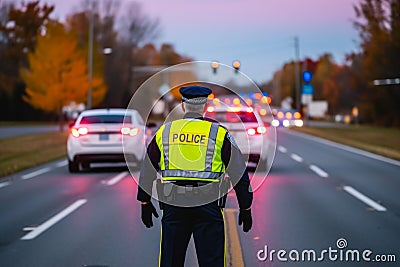 a policeman in a yellow vest keeps order on the road, rear view generative ai Stock Photo