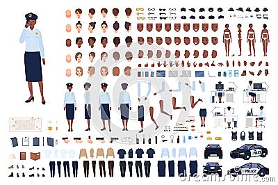 Policewoman constructor set or DIY kit. Bundle of female police officer body parts, gestures, poses, emotions, work Vector Illustration