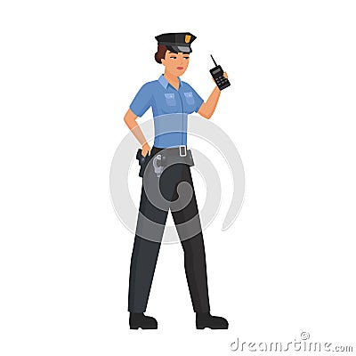 Policewoman with walkie talkie radio Cartoon Illustration