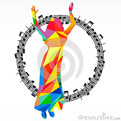 Poligon silhouette dancing human and melody circle, music battle party background Vector Illustration