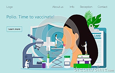 Polio vaccination vector. Time to vaccinate. Medical illustration syringe with vaccine, bottle for website, apps. Tiny doctor Cartoon Illustration