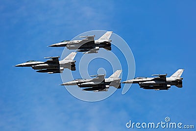 Polish Air Force Lockheed F-16 Fighting Falcon fighter jet plane flying. Aviation and military aircraft. Editorial Stock Photo