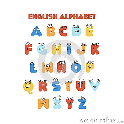 English colored latin alphabet for kids with cartoon characters. Stock Photo