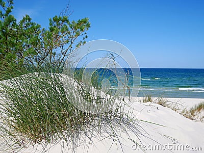 Polish baltic sea beach Shore seen from dunes perspective in sunny summer time blue sky clear day Stock Photo