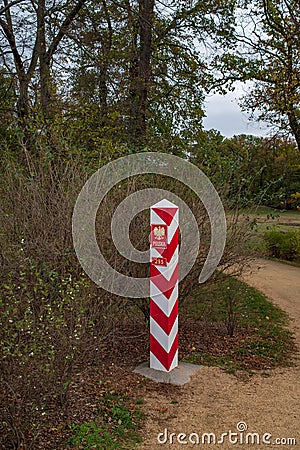 Polish border pillar in Muskau & x28;Muzakowski& x29; Park on German-Polish border Stock Photo