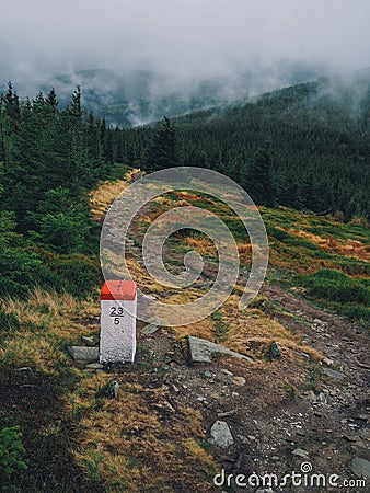 Polish border sign in karkonosze mountains Stock Photo