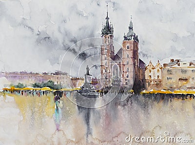 Polish city Krakow at rain.Watercolors. Stock Photo