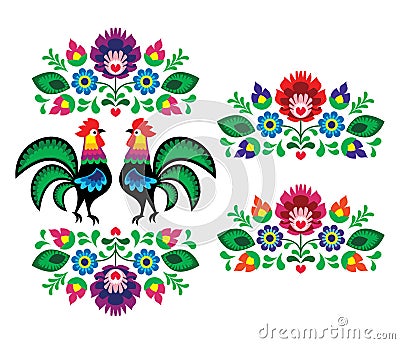 Polish ethnic floral embroidery with roosters - traditional folk pattern Stock Photo