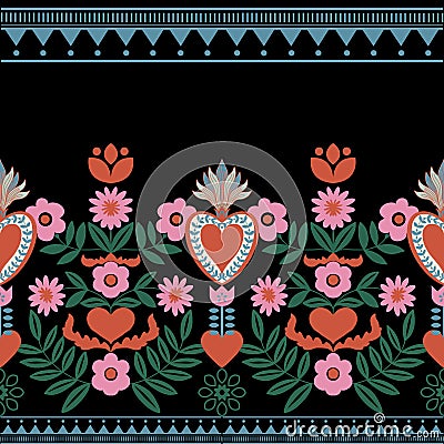 Polish ethnic seamless embroidery pattern with flowers and hearts inspired Stock Photo