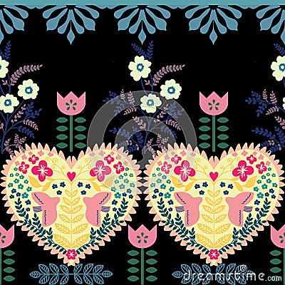 Polish ethnic seamless embroidery pattern with flowers and hearts inspired Stock Photo