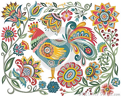Polish floral embroidery with roosters is a traditional folk pattern. Vector Illustration