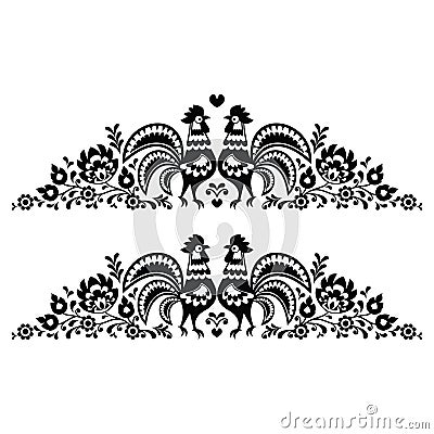 Polish floral folk art long embroidery pattern with roosters - wzory lowickie Stock Photo