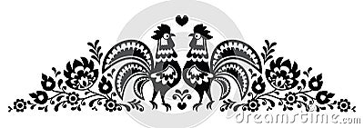 Polish floral folk art long embroidery pattern with roosters - Wzory Lowickie Vector Illustration