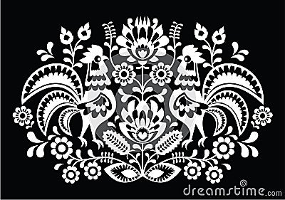 Polish folk art pattern roosters on black - Wzory Lowickie, Wycinanka Vector Illustration