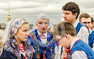 Polish folk dance ensemble GAIK. Waiting for the beginning of the festival. Editorial Stock Photo