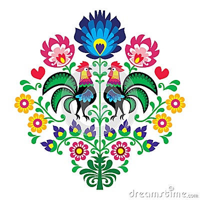 Polish folk embroidery with roosters - floral pattern Wzory Lowickie Wycinanka Stock Photo