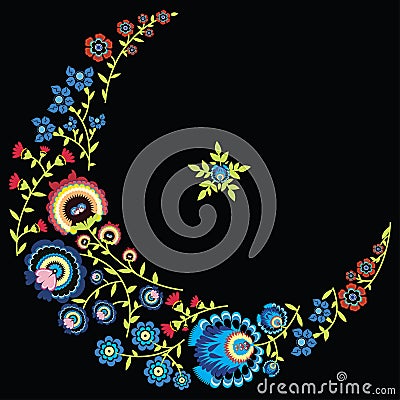 Polish folk floral pattern in moon and star shape on black background Vector Illustration