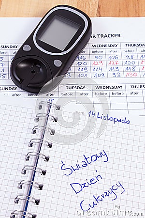 Polish inscription world diabetes day in notebook, results of measurement of sugar Stock Photo