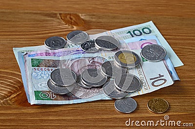 Polish money laying on a table. PLN banknotes and coins Stock Photo