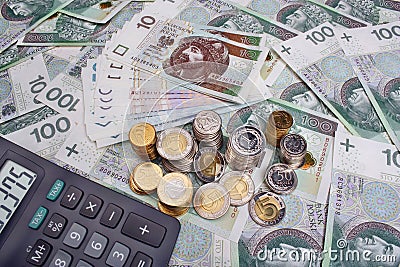 Polish money salary and calculator Stock Photo