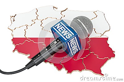 Polish News concept, microphone news on the map of Poland. 3D re Stock Photo