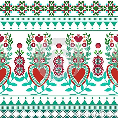 Horizontal seamless background polish pattern folk heart valentine pattern Stock Photo