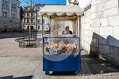 Polish pretzels (Bagel) Street Food in Krakow, Poland Editorial Stock Photo