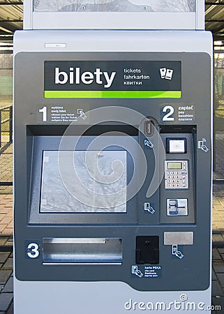 Polish ticket machine in public space. ZTM Poznan. Editorial Stock Photo