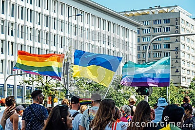 Polish, Ukrainian LGBT parades in Warsaw. activists march for LGBTQ rights. Kyiv Pride. Warsaw, Poland, June 25, 2022. Editorial Stock Photo
