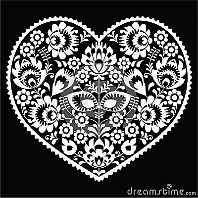 Polish white folk art heart pattern on black - wzory lowickie, wycinanka Stock Photo