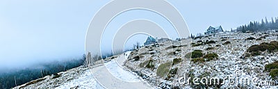 Polish winter landscape in the mountains, shelter pttk Pod Labskim Szczytem, a tourist trail in Karkonosze. Stock Photo