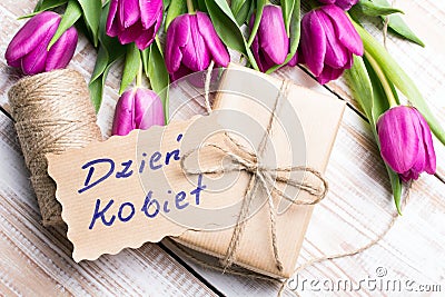 Polish Women`s Day card and a bouquet of beautiful tulips Stock Photo