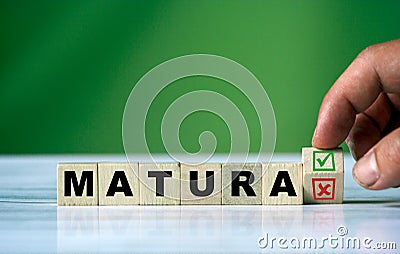Polish word MATURA english = exam with green positive tick check box and red reject X check box. Yes and no Stock Photo
