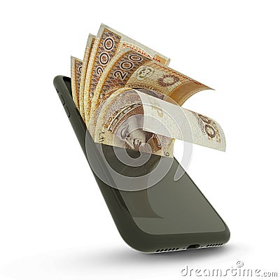 polish zÅ‚oty inside a mobile phone Stock Photo