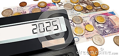 Polish zloty cash banknotes and coins, calculator with number 2025 on screen Stock Photo