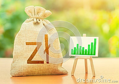 Polish zloty money bag and growth chart easel. Rise in budget profits. High income. Improvement of economic indicators. Optimistic Stock Photo