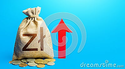 Polish zloty money bag with red arrow up. Recover financial system after crisis. Raising taxes. Deposit interest. Increase Stock Photo