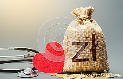 Polish zloty money bag and stethoscope. Health life insurance financing concept. Subsidies. Funding healthcare system. Reforming Stock Photo