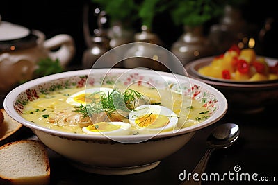 Polish Zurek soup with half boiled eggs in a ceramic plate. Traditional Easter Polish dish Stock Photo