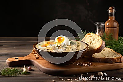Polish Zurek soup, a traditional Easter dish with half boiled eggs in a ceramic plate on a wooden kitchen board. Dark background. Stock Photo