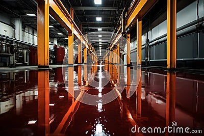 polished epoxy dark red stained floor in empty warehouse, Generative Ai Stock Photo