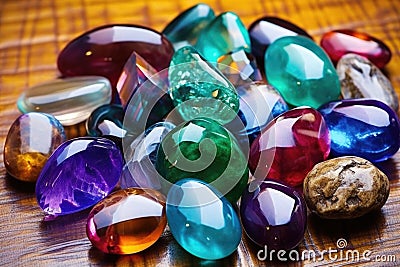 polished gemstones in comparison to their raw versions Stock Photo