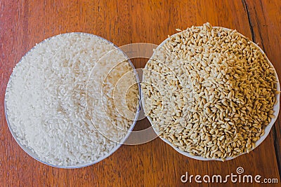 Polished and paddy or unhusked rice in two plate close up on wooden Stock Photo