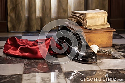 polishing shoes outdoors on sunny day Stock Photo