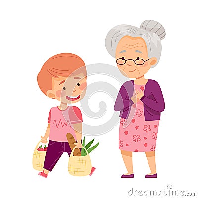 Polite Boy Carrying Shopping Bag Helping Senior Woman Vector Illustration Vector Illustration